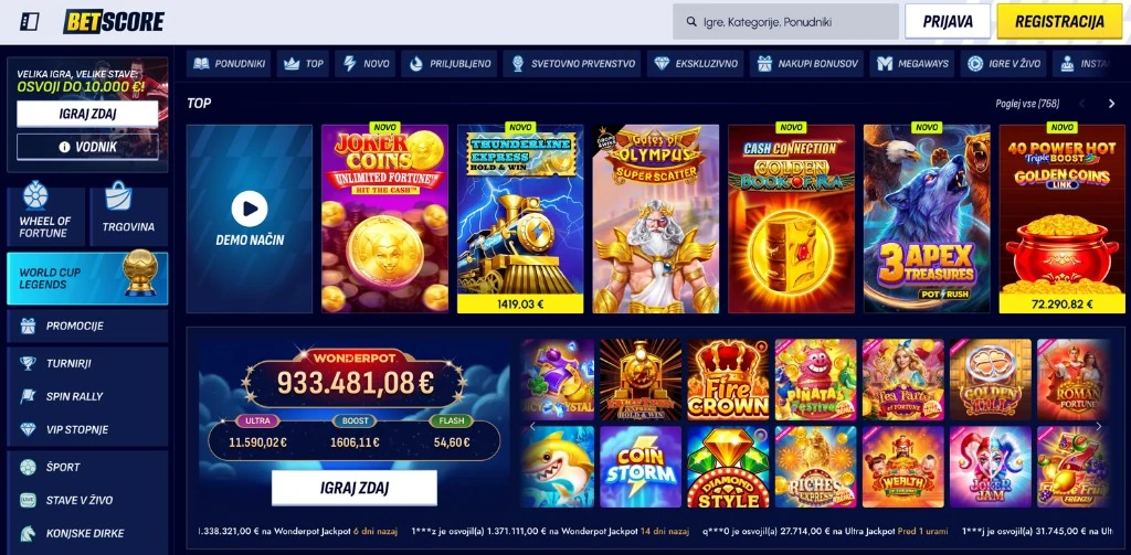 BetScore – domača stran in Wonderpot jackpot