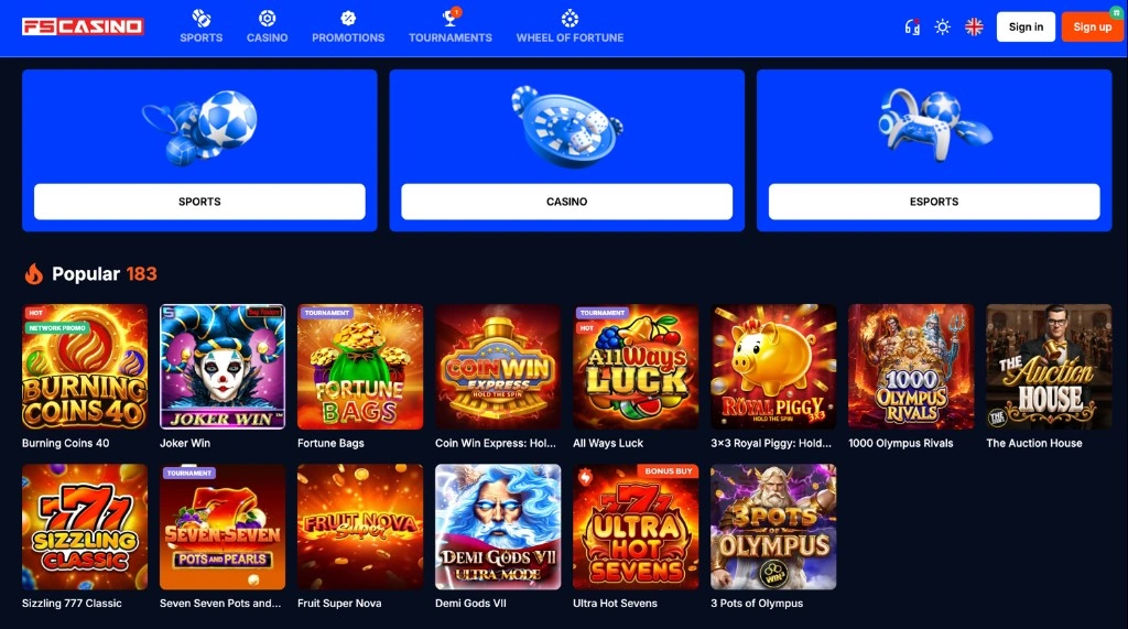 FS Casino – domača stran in priljubljene igre